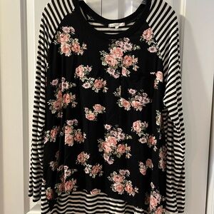 Alfani Black Floral Striped Long Sleeve Top